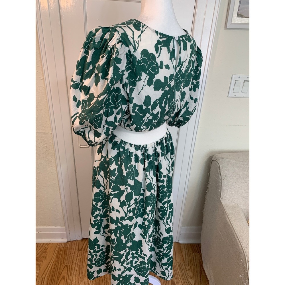 Green White Floral Garden Midi Wrap Dress Puff Sleeves Shea McGee Inspired SZ XL - Picture 7 of 16